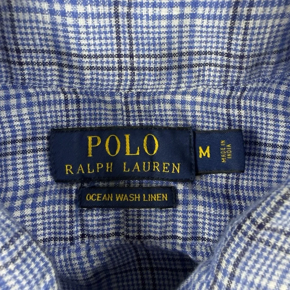 Polo Ralph Lauren Ocean Wash Linen Blue Plaid Button Down Shirt Blue Mens Medium